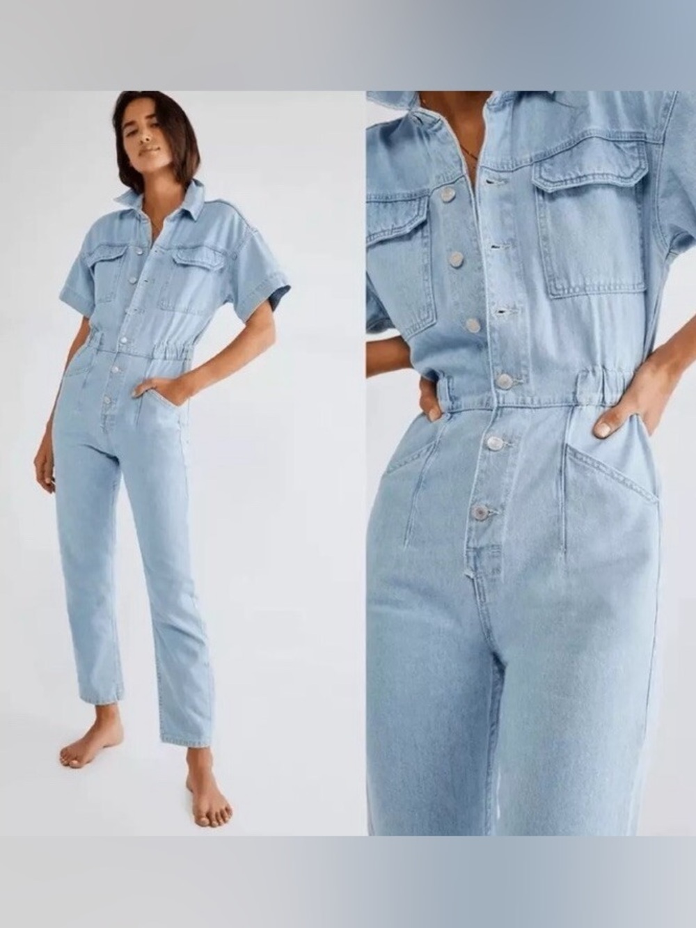 Free People Light Wash Denim Jacket in Pale Blue